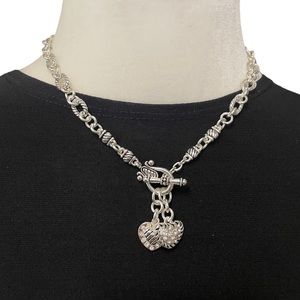 Premier Designs Two Heart Charms Antiqued Silver, Crystal with Toggle